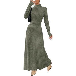 Women's Army Green Long Sleeve Casual Turtle Neck Ribbed Knit Bodycon Maxi Dress